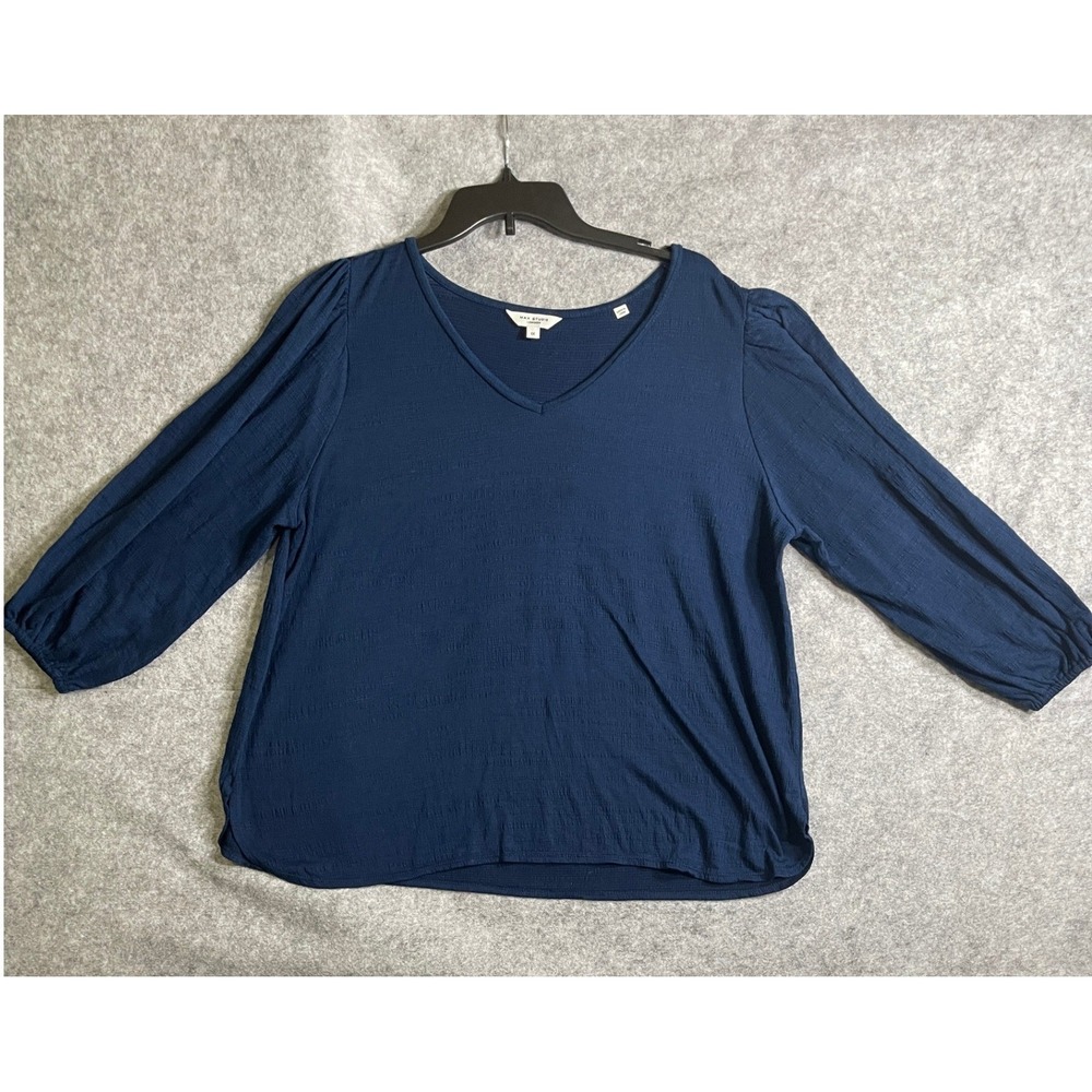 Max‎ Studio London Navy Blue Textured V-Neck Balloon Sleeve Blouse Womens 1X